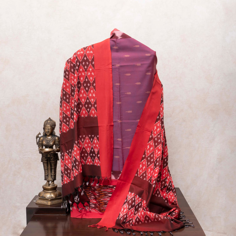 Handloom Cotton Ikkat Maroon Kurta Fabric With Ikkat Dupatta