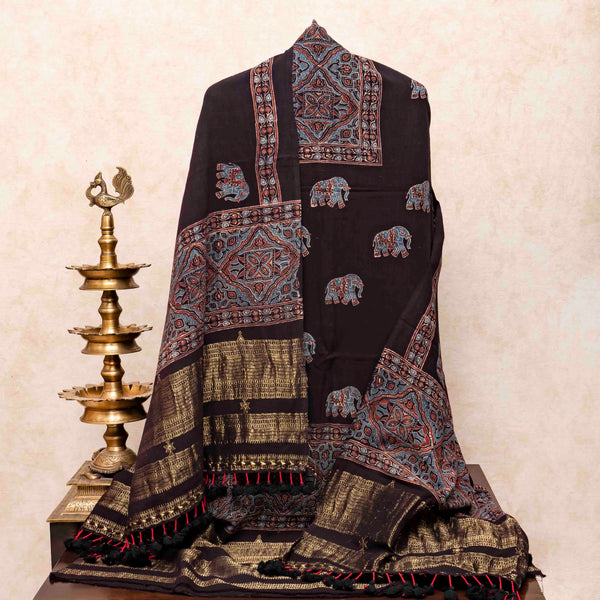 Handloom Kala Cotton Ajrakh Hand Block Kurta & Dupatta Fabric