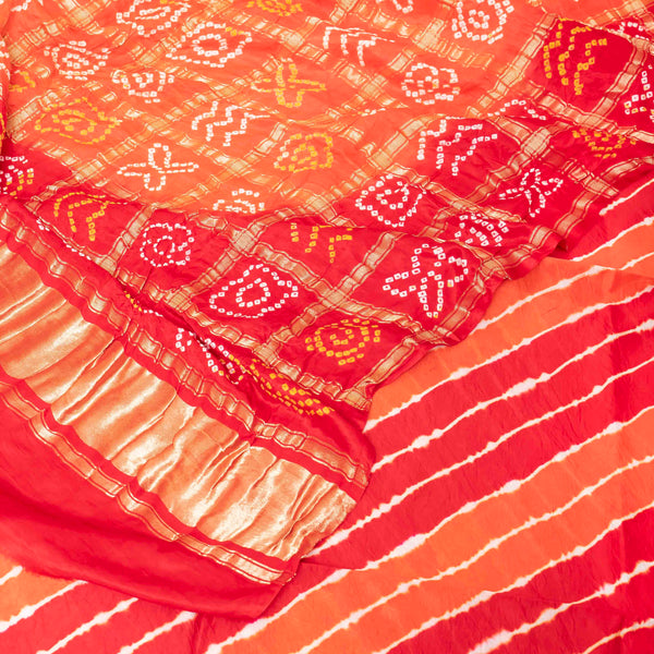 Handloom Tussar Silk Lehriya Kurta Fabric & Pure Gajji Silk Bandhini Gharchola Dupatta