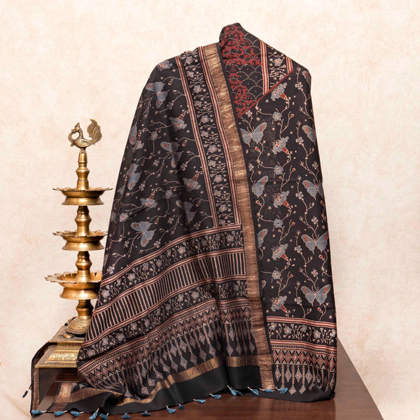 Hand Block Chanderi Ajrakh Kurta Fabric & Hand Block Chanderi Ajrakh Dupatta