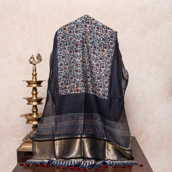 Hand Block Ajrakh Chanderi Silk Dupatta
