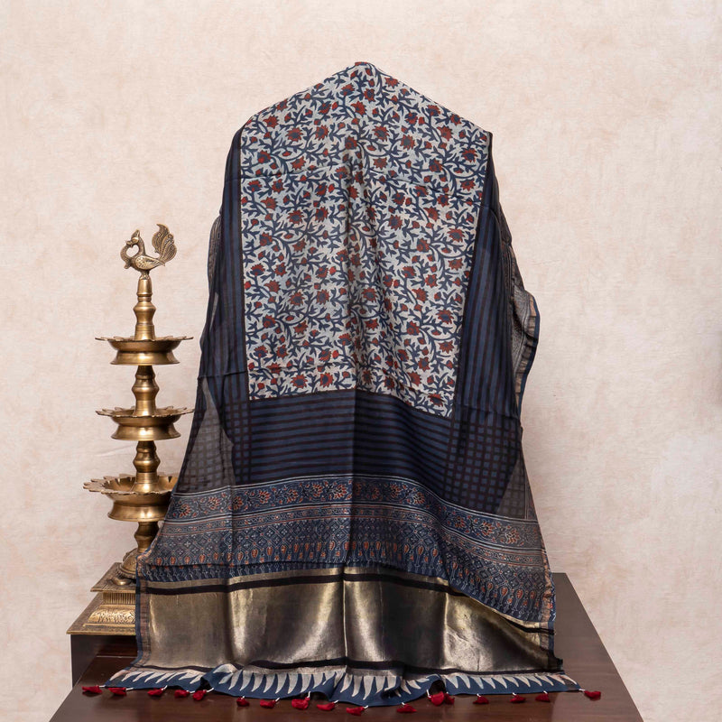 Hand Block Ajrakh Chanderi Silk Dupatta