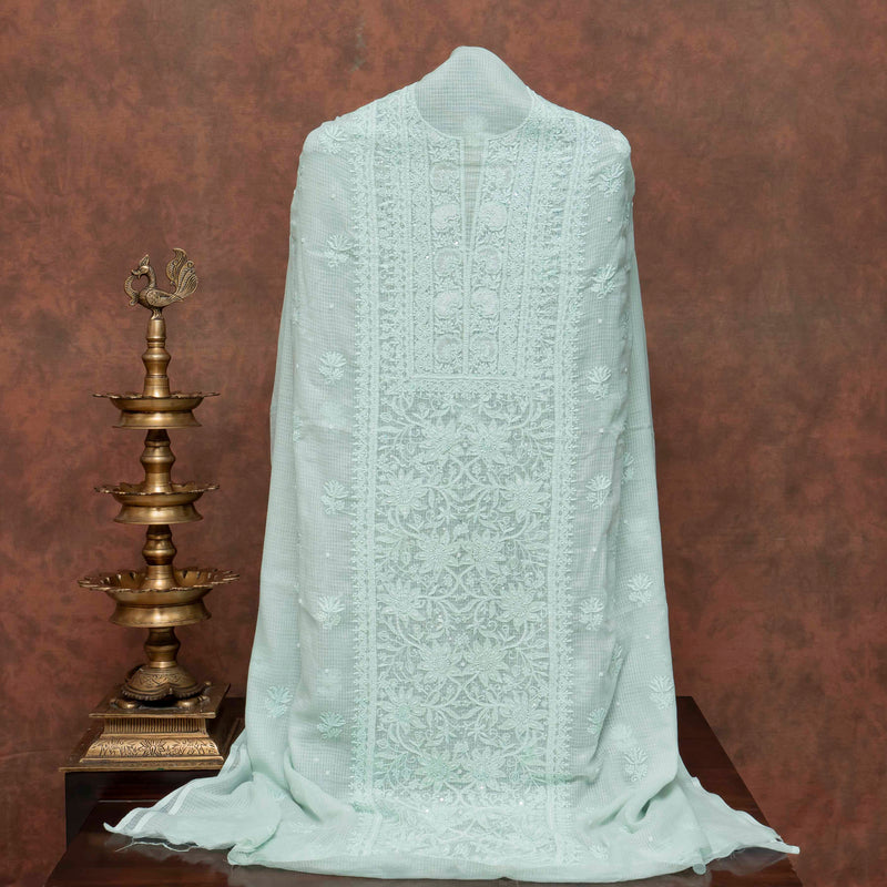 Hand Embroidered Kota Doria Chikankari Kurta & Dupatta