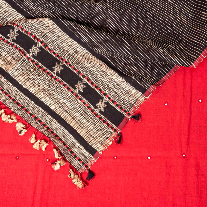 Handloom Kala Cotton Kurta Fabric With Mirror Work, Handloom Kala Cotton Bottom Fabric & Handloom Kala Cotton Stole With Tussar Weave