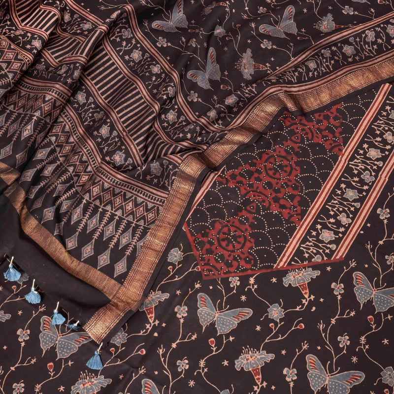 Hand Block Chanderi Ajrakh Kurta Fabric & Hand Block Chanderi Ajrakh Dupatta