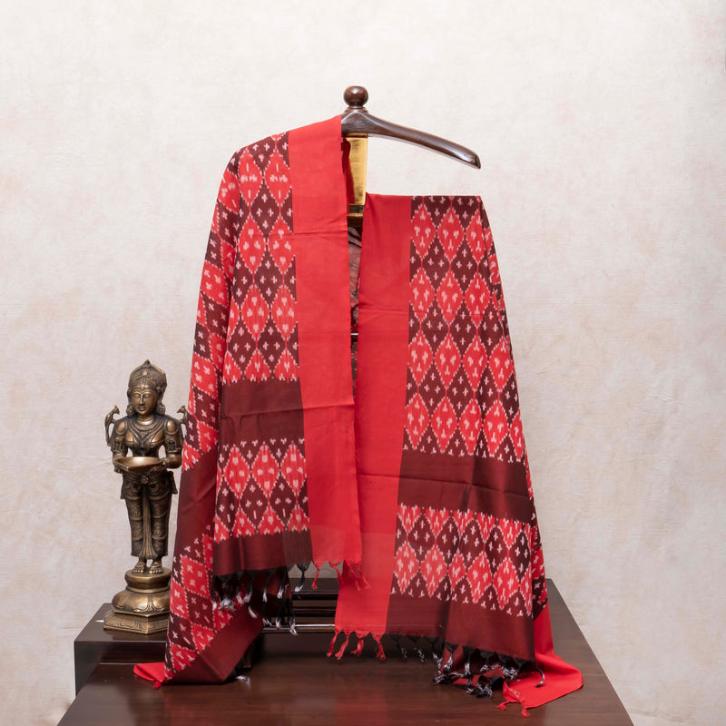 Handloom Cotton Ikkat Maroon Kurta Fabric With Ikkat Dupatta