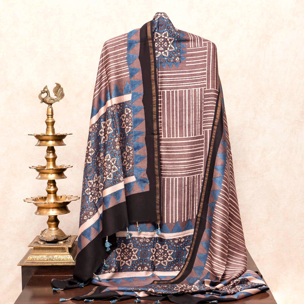 Hand Block Chandari Ajrakh Kurta Fabric & Hand Lock - Deri Ajrakh Dupatta