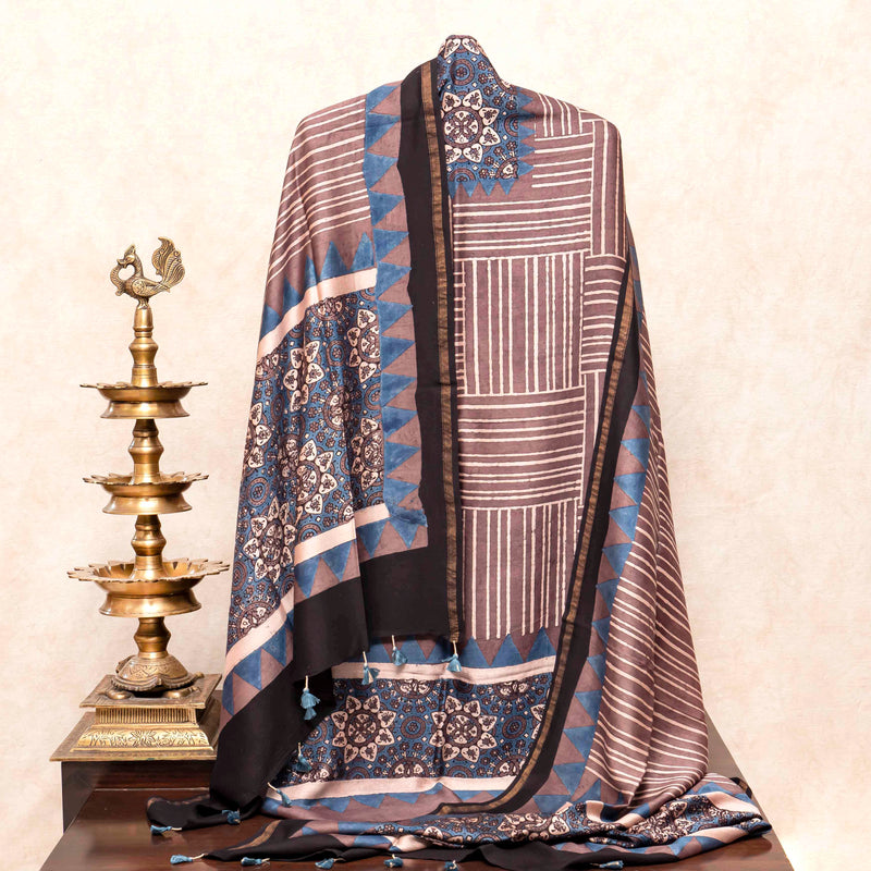 Hand Block Chandari Ajrakh Kurta Fabric & Hand Lock - Deri Ajrakh Dupatta