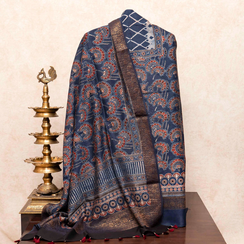 Hand Block Chanderi Ajrakh Kurta Fabric & Hand Block Chanderi Ajrakh Dupatta