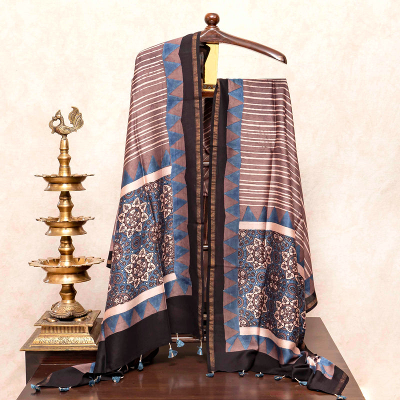 Hand Block Chandari Ajrakh Kurta Fabric & Hand Lock - Deri Ajrakh Dupatta