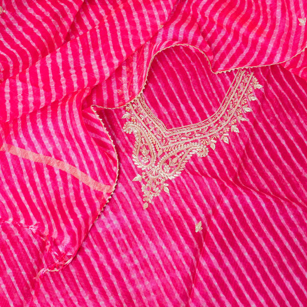 Hand Tie - Dye Kota Silk Kurta Fabric With Zari Hand Embroidery & Zari Hand Embroidery Dupatta