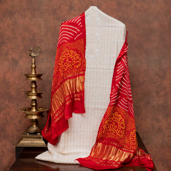 Chikankari Tussar Silk Kurta Fabric with Bandhani Gajji Silk Dupatta