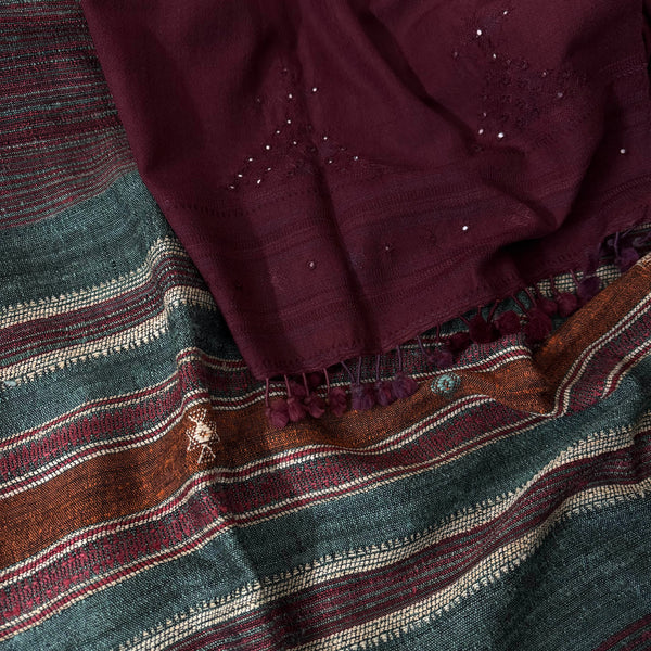 Handweaved Woollen Tussar Kurta With Kutchi Weave & Handwoven Woollen Stole With Mirror Handwork