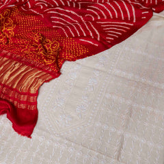 Chikankari Tussar Silk Kurta Fabric with Bandhani Gajji Silk Dupatta