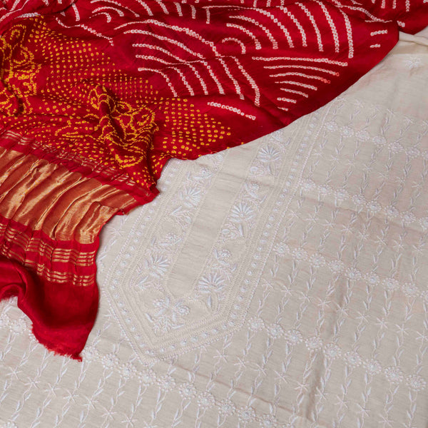 Chikankari Tussar Silk Kurta Fabric with Bandhani Gajji Silk Dupatta