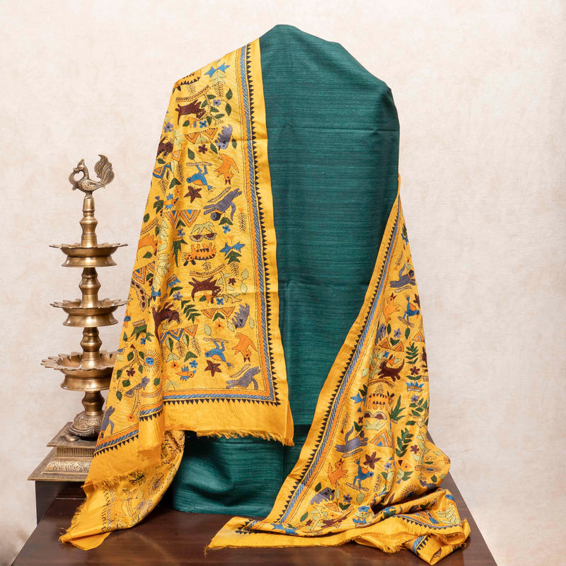 Handloom Khadi Silk Kurta, Bottom Fabric & Pure Silk Dupatta With Kantha Hand Embroidery