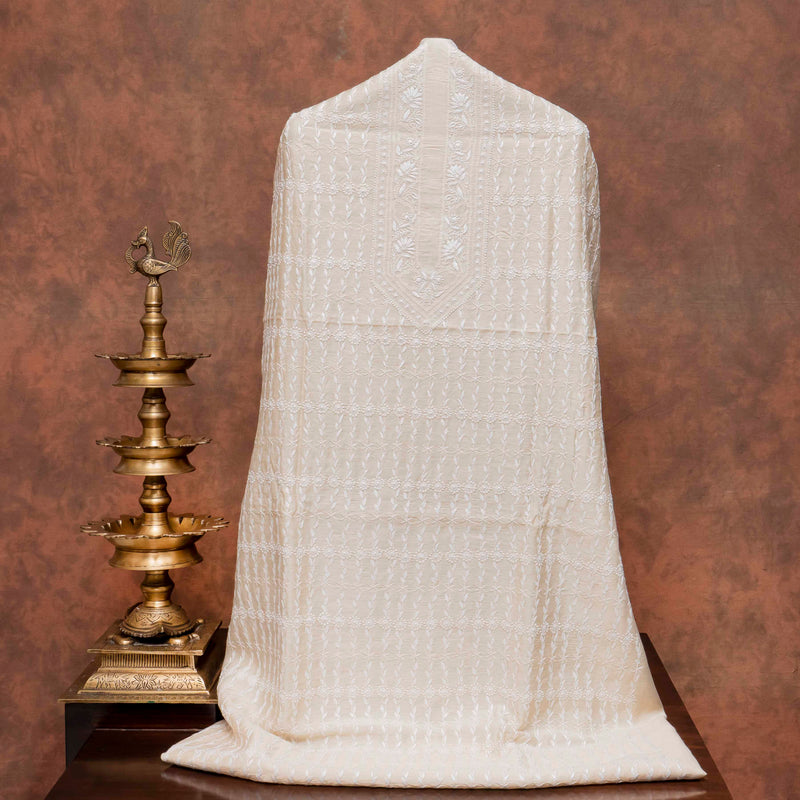 Chikankari Tussar Silk Kurta Fabric with Bandhani Gajji Silk Dupatta