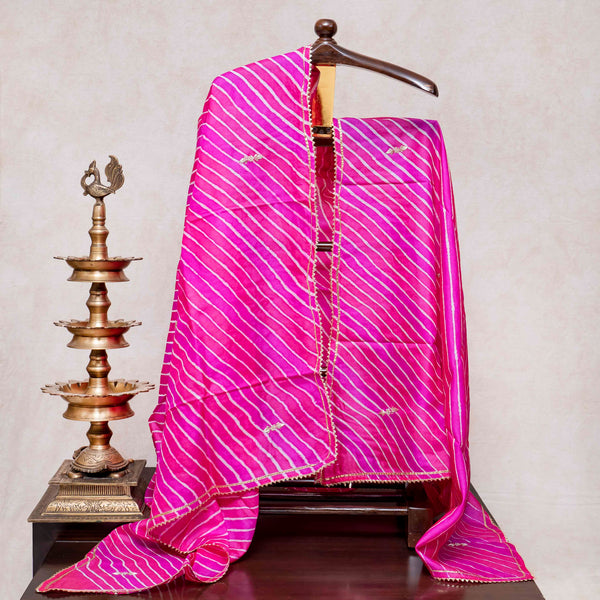 Hand Tie - Dye Tussar Silk Lehriya Kurta Fabric With Zari Hand Embroidery & Tussar Silk Lehriya Dupatta