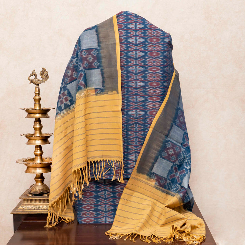 Handloom Cotton Ikkat Kurta, Bottom Fabric In Natural Dye & Handloom Cotton Ikkat Dupatta In Natural Dye
