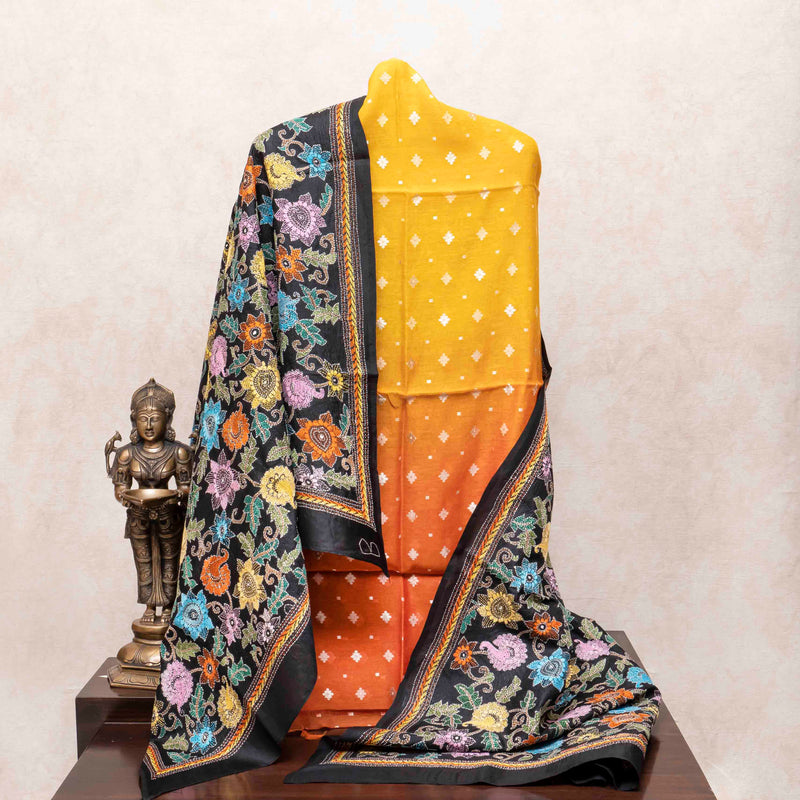 Handloom Muslin Cotton Silk Kurta, Bottom With Hand Embroidery Kantha Silk Dupatta