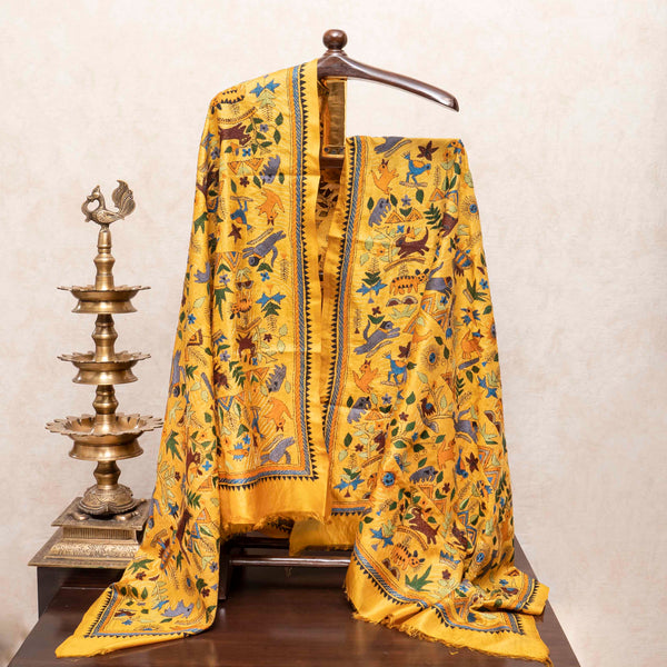 Handloom Khadi Silk Kurta, Bottom Fabric & Pure Silk Dupatta With Kantha Hand Embroidery