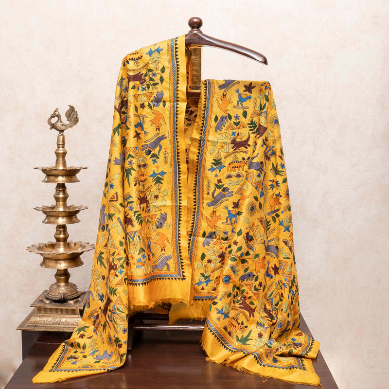 Handloom Khadi Silk Kurta, Bottom Fabric & Pure Silk Dupatta With Kantha Hand Embroidery