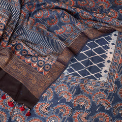 Hand Block Chanderi Ajrakh Kurta Fabric & Hand Block Chanderi Ajrakh Dupatta