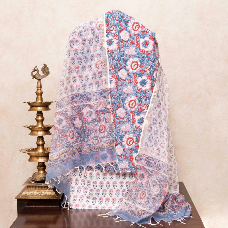 Cotton Hand Block Kurta, Bottom & Cotton Kota Doria Hand Block Dupatta