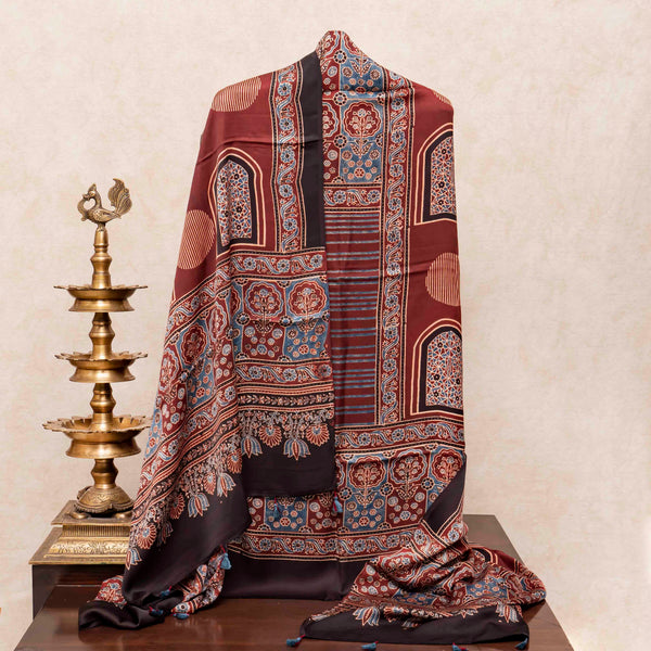 Ajrakh Hand Block Modal Silk Kurta Fabric & Ajrakh Hand Block Model Silk Dupatta