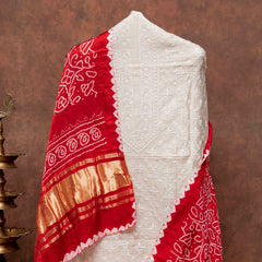 Chikankari Tussar Silk Kurta Fabric with Bandhani Gajji Silk Dupatta