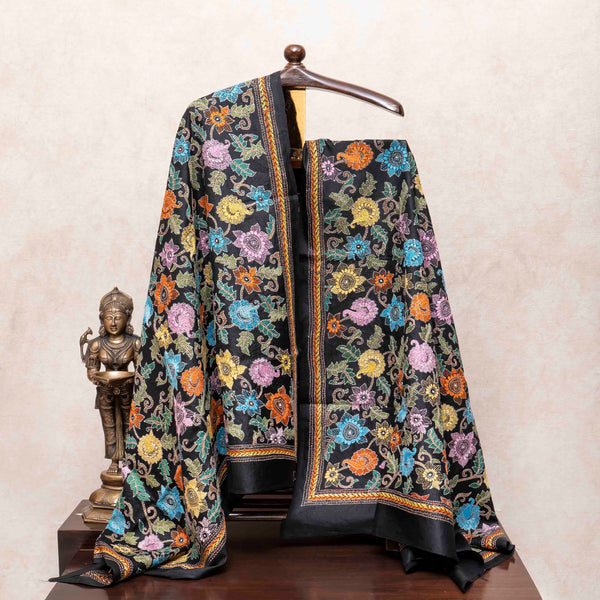 Handloom Muslin Cotton Silk Kurta, Bottom With Hand Embroidery Kantha Silk Dupatta