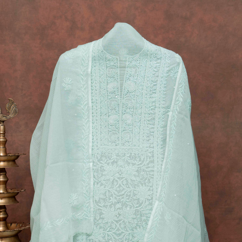 Hand Embroidered Kota Doria Chikankari Kurta & Dupatta