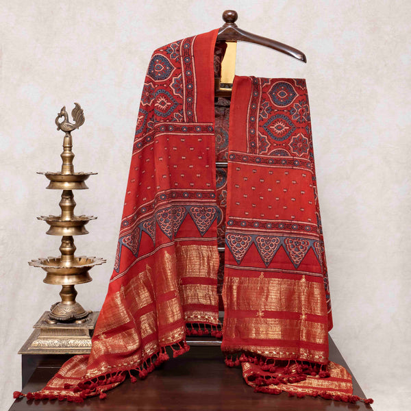 Handloom Kala Cotton Ajrakh Kurta Fabric Approx & Handloom Kala Cotton Ajrakh Dupatta