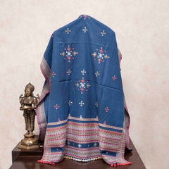 Handwoven Indigo Woollen Shawl With Mirror Work