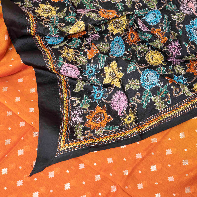 Handloom Muslin Cotton Silk Kurta, Bottom With Hand Embroidery Kantha Silk Dupatta