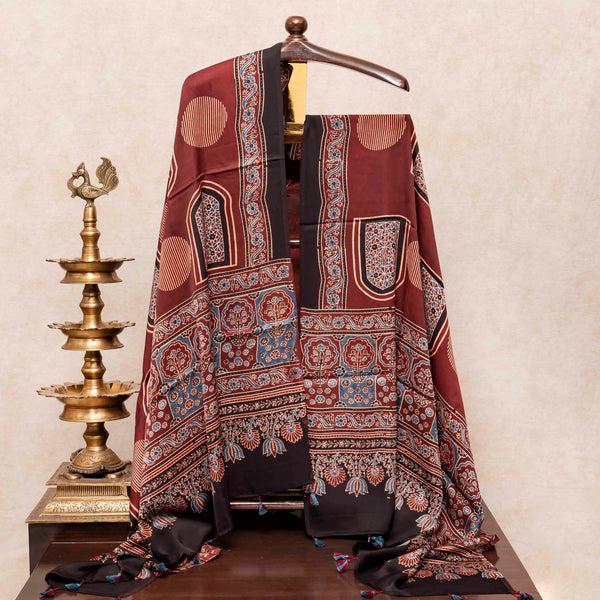 Ajrakh Hand Block Modal Silk Kurta Fabric & Ajrakh Hand Block Model Silk Dupatta