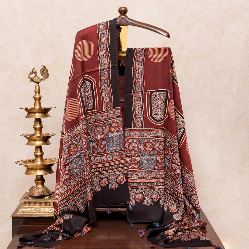 Ajrakh Hand Block Modal Silk Kurta Fabric & Ajrakh Hand Block Model Silk Dupatta