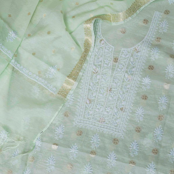 Chanderi Silk Banarsi Chikankari Hand Embroidered Kurta Fabric & Chandari Silk Banarasi Chikankari Dupatta