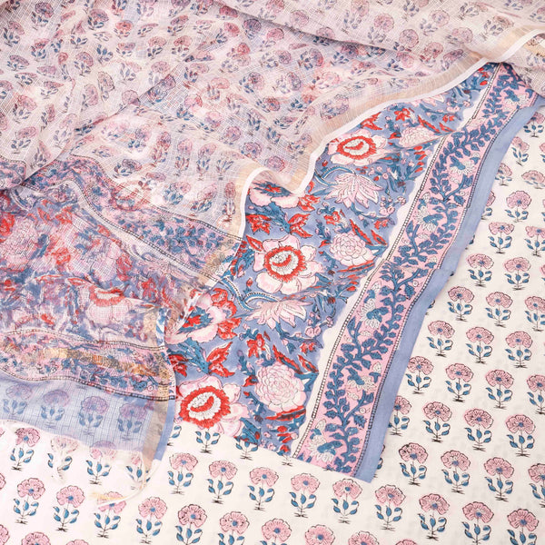 Cotton Hand Block Kurta, Bottom & Cotton Kota Doria Hand Block Dupatta