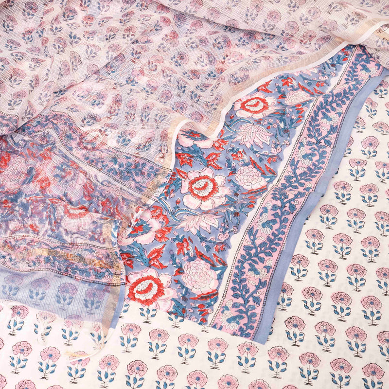 Cotton Hand Block Kurta, Bottom & Cotton Kota Doria Hand Block Dupatta