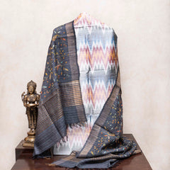 Handloom Raw Silk Pochampally Ikkat Kurta Fabric With Kashmiri Hand Embroidery Tussar Silk Dupatta
