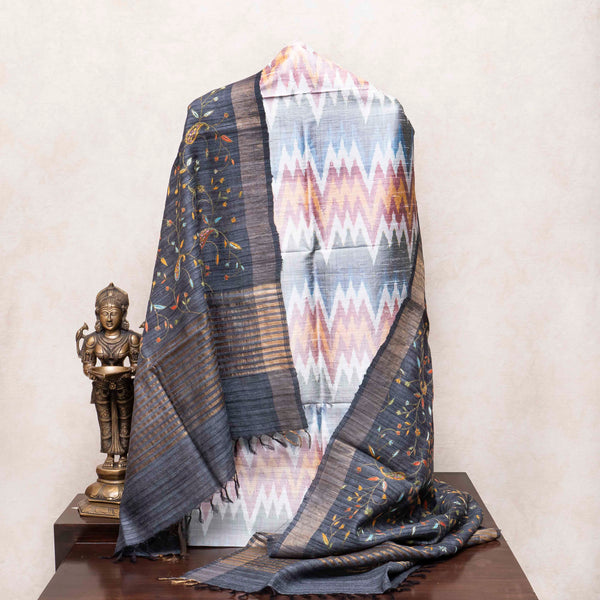 Handloom Raw Silk Pochampally Ikkat Kurta Fabric With Kashmiri Hand Embroidery Tussar Silk Dupatta