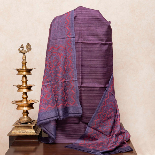 Handloom Khadi Silk Kurta, Bottom Fabric & Tussar Silk Dupatta With Kantha Hand Embroidery