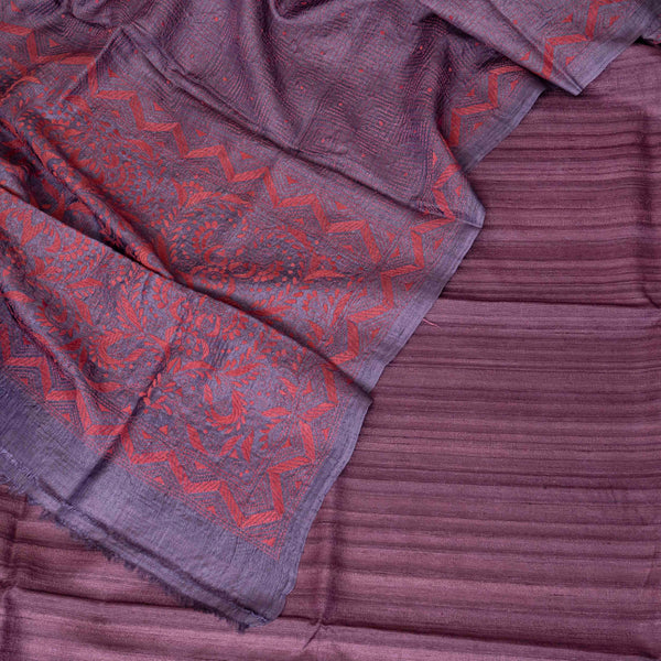 Handloom Khadi Silk Kurta, Bottom Fabric & Tussar Silk Dupatta With Kantha Hand Embroidery