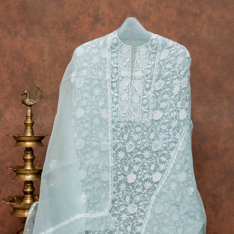 Pure Organza Silk Chikankari Kurta Fabric with Organza Silk Dupatta