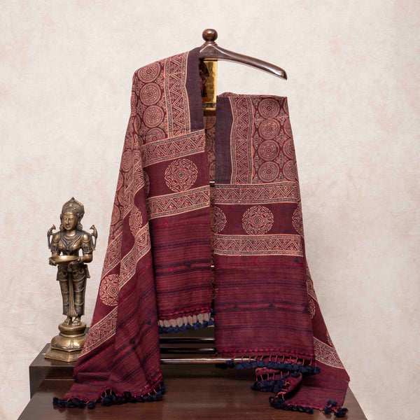 Handwoven Woollen Ajrakh Maroon Shawl