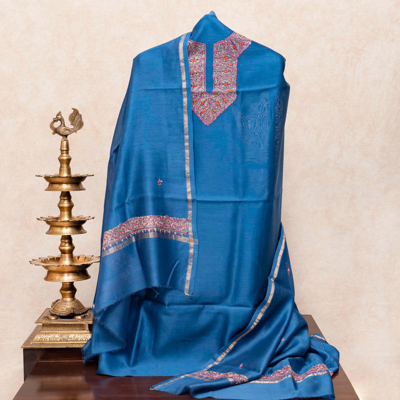 Kashmiri Hand Embroidered Chanderi Silk Kurta Fabric & Kashmiri Hand Embroidery Chandari Silk Dupatta