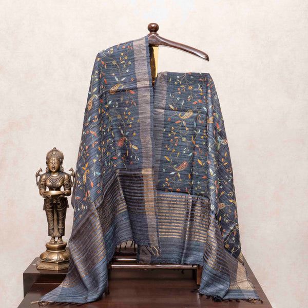 Handloom Raw Silk Pochampally Ikkat Kurta Fabric With Kashmiri Hand Embroidery Tussar Silk Dupatta