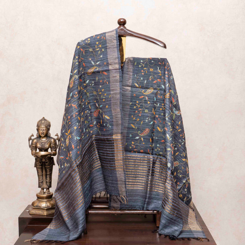 Handloom Raw Silk Pochampally Ikkat Kurta Fabric With Kashmiri Hand Embroidery Tussar Silk Dupatta