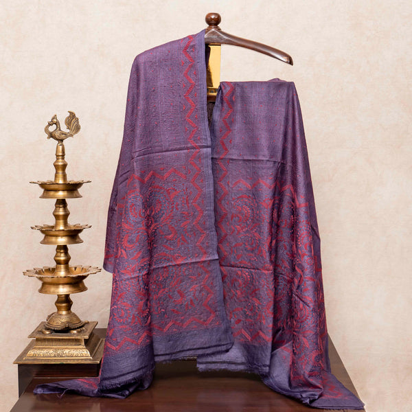 Handloom Khadi Silk Kurta, Bottom Fabric & Tussar Silk Dupatta With Kantha Hand Embroidery